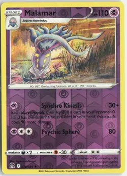 Malamar 078/196 Rare Lost Origin Pokemon Reverse Holo Near Mint - Image 1