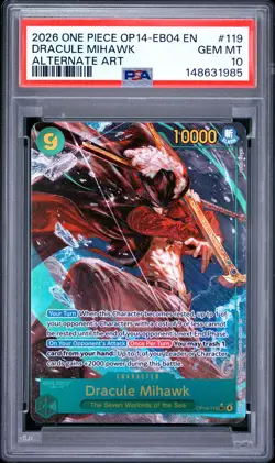 2026 ONE PIECE THE AZURE SEA'S SEVEN ALT ART #119 DRACULE MIHAWK PSA 10 - Image 1
