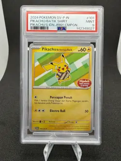 2024 POKEMON INDONESIAN SV-P PROMO #101 PIKACHU/BATIK SHIRT IDN.JRNY PSA 9 - Image 1