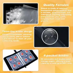 Card Binder 4 Pocket with 50 Removable Sleeves-Can Hold 400 Cards3-Ring Zipper - Image 5