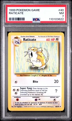 Raticate 40/102 PSA 7 Base Set Vintage 1999 Non-Holo Graded Pokemon Card Slab - Image 1