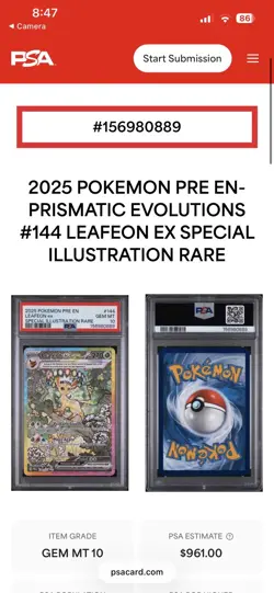 Pokemon TCG Leafeon EX Sir 144/131 Prismatic Evolutions Psa 10 - Image 3
