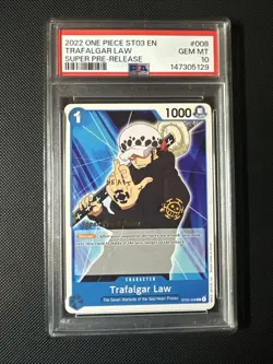 2022 ONE PIECE ST03-008 SUPER PRE RELEASE TRAFALGAR LAW PSA 10 GEM MINT - Image 1