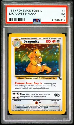 1999 POKEMON FOSSIL #4 DRAGONITE UNLIMITED HOLO ⭐PSA 5 EX⭐ - Image 1
