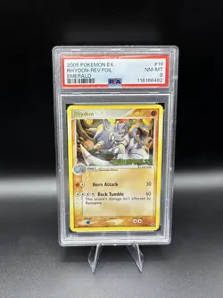 2005 POKEMON EX EMERALD #19 RHYDON-REVERSE FOIL PSA 8 - Image 1