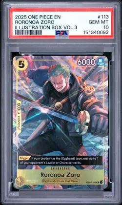 2025 ONE PIECE PROMOS ILLUSTRATION BOX VOL.3 #113 RORONOA ZORO PSA 10 - Image 1