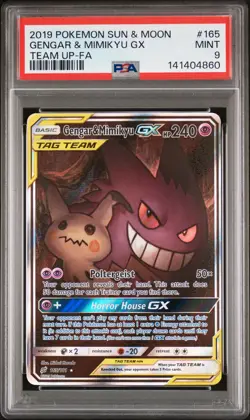 2019 POKEMON SUN & MOON TEAM UP #165 FULL ART/GENGAR & MIMIKYU GX PSA 9 - Image 1