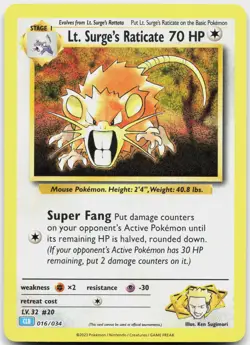 Lt. Surge's Raticate 016/034 Holo Trading Card Game Classic Pokemon NM - Image 1