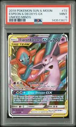 2019 POKEMON SUN & MOON UNIFIED MINDS #72 ESPEON & DEOXYS GX PSA 9 - Image 1