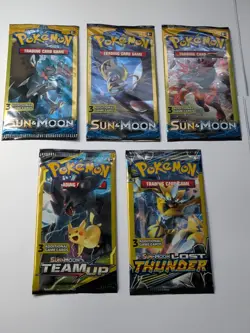 5x PACK ART SET - Pokemon TEAM UP + Sun & Moon Base 3 CARD Booster packs 5x NEW - Image 1