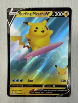 Surfing Pikachu V 008/025 Pokemon TCG Celebrations 25th Anniversary Holo NM - Image 1