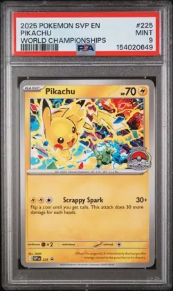 2025 POKEMON EN-SV BLACK STAR PROMO #225 PIKACHU WORLD CHAMPIONSHIPS PSA 9 (K49 - Image 1