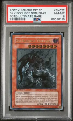 2007 YUGIOH 1ST FOTB-EN022 SKY SCOURGE NORLERAS ULTIMATE RARE PSA 8 NM #88098116 - Image 1