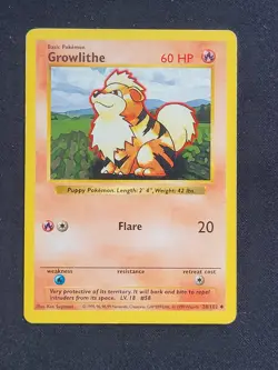 Growlithe 28/102 Uncommon Base Set Shadowless Pokemon Card TCG Unlimited MP - Image 1