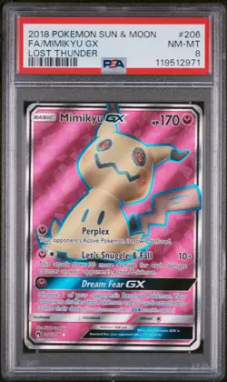 2018 Pokemon Sun & Moon Lost Thunder Full Art Mimikyu #206/214 GX PSA 8 - Image 1