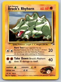Brock's Rhyhorn 22/132 Rare Gym Heroes Pokemon Unlimited Lightly Played - Image 1