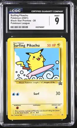 CGC 9 MINT Surfing Pikachu 28 Pokemon League Black Star Promos Pokemon Card - Image 1