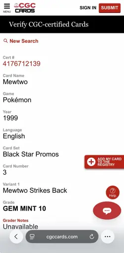CGC 10 Gem Mint Mewtwo Black Star Promo 3 Mewtwo Strikes Back Pokemon 1999 - Image 3