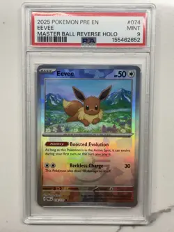 EEVEE MASTER BALL REVERSE HOLO PSA 9 2025 POKEMON PRE EN-PRISMATIC EVOLUTIONS - Image 1