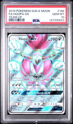 2019 POKEMON SUN & MOON TEAM UP #166 FULL ART/HOOPA GX PSA 10 - Image 1