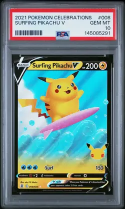 2021 POKEMON CELEBRATIONS #008 SURFING PIKACHU V PSA 10 - Image 1