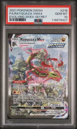 2021 Pokemon Sword & Shield Evolving Skies Rayquaza VMAX #218 PSA 10 Gem Mint - Image 1