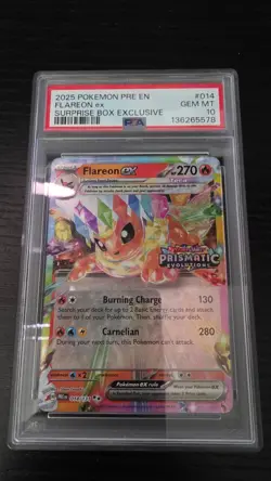 2025 Pokemon Prismatic Evolutions Flareon ex 014/131 Surprise Box PSA 10 Gem MT - Image 1