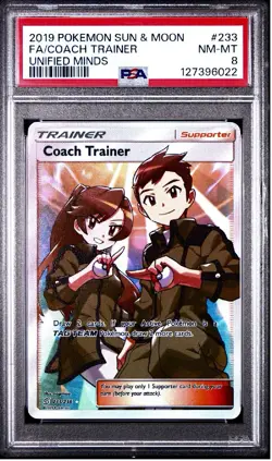 2019 Pokemon Sun & Moon Unified Minds Full Art COACH TRAINER 233 PSA 8 NM-MT - Image 1