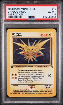 1999 Pokemon Fossil Zapdos 15/62 Holo 1st Edition PSA 6 - Image 3