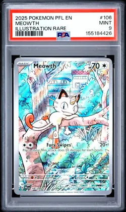 2025 POKEMON PFL EN-PHANTASMAL FLAMES ILLUSTRATION RARE #106 MEOWTH PSA 9 - Image 1