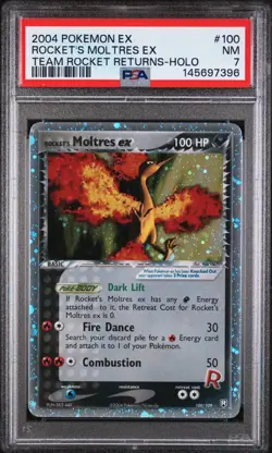 2004 POKEMON EX TEAM ROCKET RETURNS #100 ROCKET'S MOLTRES EX-HOLO PSA 7 - Image 1