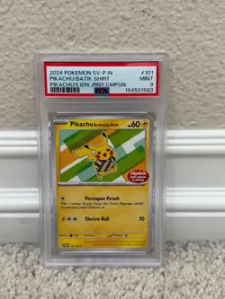 2024 POKEMON SV-P INDONESIA PIKACHU BATIK SHIRT GREEN JRNY CMPGN PSA 9 MINT #101 - Image 1