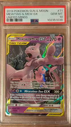 2019 Pokemon Sun & Moon Unified Minds #71 Mewtwo & Mew GX PSA 10 - Image 1