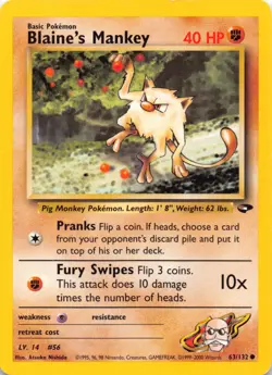 Blaine's Mankey 63/132 Common Gym Challenge Pokemon Unlimited Moderately Played - Image 1