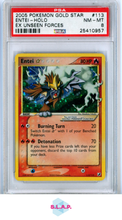 ENTEI-HOLO EX UNSEEN FORC3S POKEMON EX GOLD STAR 2005 113 PSA 8 - Image 1