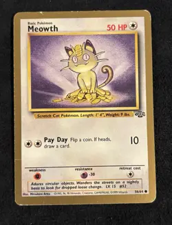 Pokemon TCG Gold Border Meowth 52/62 Fossil Vintage 1999 Card HP - Image 1