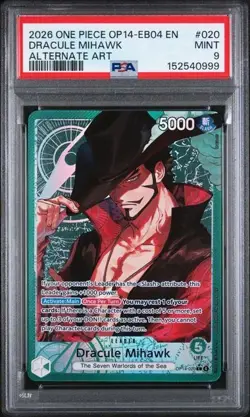 One Piece op14-eb04 The azure sea's seven Dracule Mihawk Alt Art Leader PSA 9 - Image 1