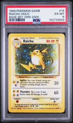 PSA 6 Raichu 14/102 Base Set 1999-2000 4th Print Holo Pokemon Card - Excellent - Image 1
