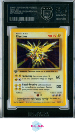 ZAPDOS POKEMON 16 1999 BASE 1.ED HOLO FRENCH BG BLACK GRADING 8.5 - Image 1