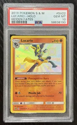 Lucario Holo PSA 10 2019 Pokemon S & M Hidden Fates #SV22 Sun & Moon - Image 1
