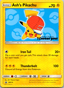 Ash’s Pikachu SM114 Sun & Moon Ultra Rare Non Holo Promo Pokemon Card Near Mint - Image 1