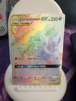 Pokemon Card Greninja and Zoroark Rainbow Rare GX 222/214 Unbroken Bonds - Image 1