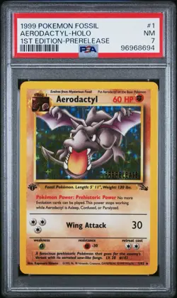 1999 Pokemon Fossil #1 Aerodactyl-Holo 1st Edition-Prerelease PSA 7 - Image 1