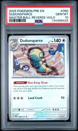Pokemon SV Prismatic Evolutions Dudunsparce 080/131 Master Ball Rev Holo PSA 10 - Image 1