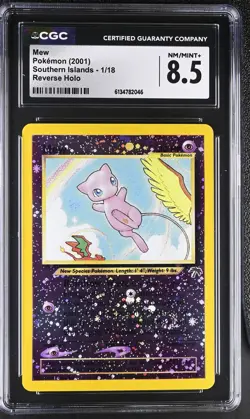 CGC 8.5 NM/MINT+ Mew 1/18 Southern Islands Reverse Holo SWIRL Pokemon Card - Image 1