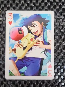 Ash Pikachu Pokemon Playing Card Poker Card TCG Three Of Hearts Mint - Image 1