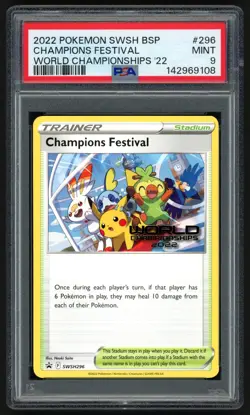 Pokemon Champions Festival Promo SWSH296 Pikachu Worlds 2022 ENGLISH PSA 9 - Image 1