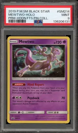 Pokemon Mewtwo Hidden Fates Pin Coll. Black Star Holo Promo SM214 PSA 9 Mint - Image 1