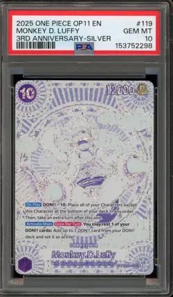 One Piece CCG Monkey.D.Luffy 3rd Anniversary Silver OP05-119 PSA 10 Gem Mint - Image 1