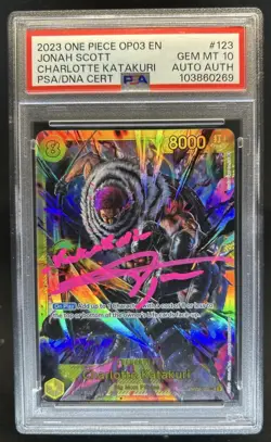 2023 One Piece OP03 EN Charlotte Katakuri Jonah Scott #123 PSA 10 Authentic Auto - Image 1